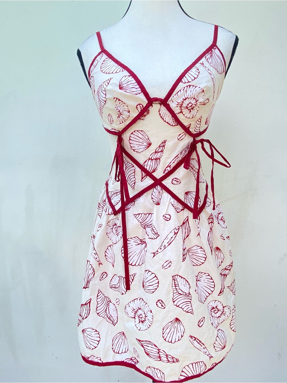 Sophie The Label Red & Cream Sea Shell Cutout Mini Dress Size XS
